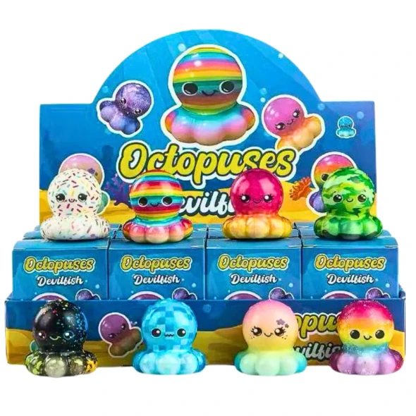 Collect the adorable Squishy Blind Box Octopus Family! Each mystery box contains one cute slow-rising octopus squishy that's perfect for sensory play and stress relief.