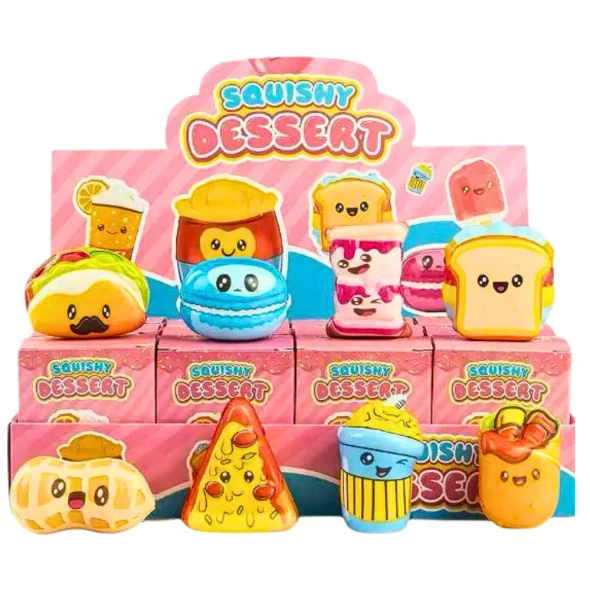 Collect the adorable Squishy Blind Box Food Family! Each mystery box contains one cute slow-rising food-themed squishy that's perfect for sensory play, collecting and stress relief.