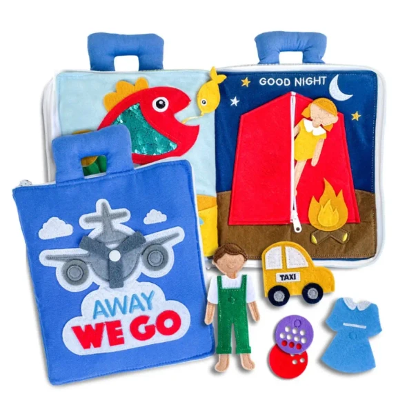The Fabric Activity Book - Away We Go is a Montessori inspired quiet book featuring travel, camping and transport activities that build fine motor skills, imagination and independent learning.