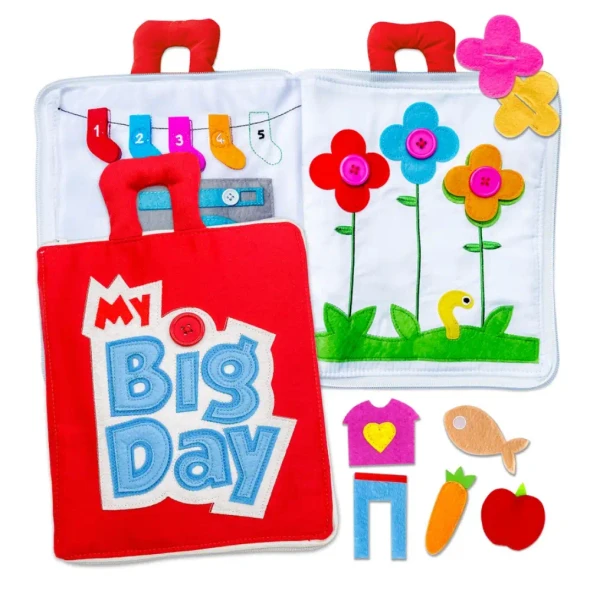 Discover the Fabric Activity Book - My Big Day. A Montessori-inspired quiet book with 10 interactive pages that build fine motor skills, independence and everyday life skills through fun, screen-free learning.