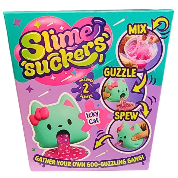 Mix, feed, squeeze and spew with Slime Suckers - Mini Icky Cat. Includes 2 slimes, chunder charms and putrid pearls for squishy sensory fun.