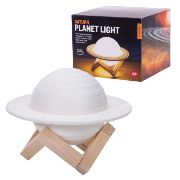 Bring cosmic magic into your space with the Colour Changing Saturn Planet Light! Features 4 colours, tap controls, rechargeable battery and wooden stand.