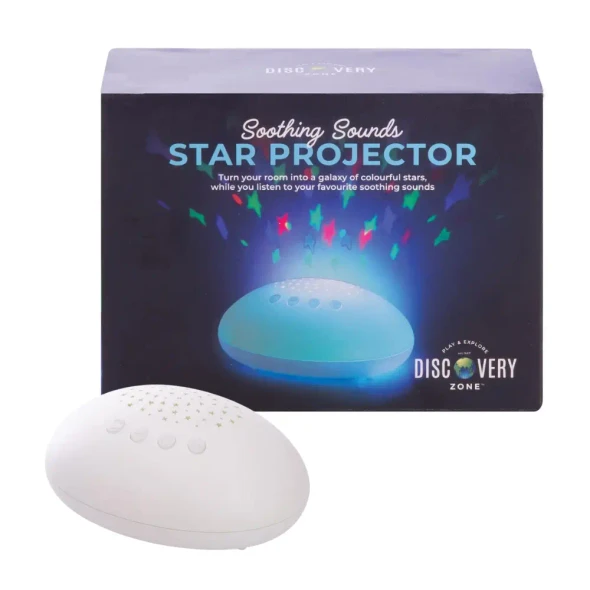 Turn your room into a colourful galaxy with the Soothing Sounds Star Projector! Features 7 calming sounds, colour-changing stars and a 30-minute light timer.