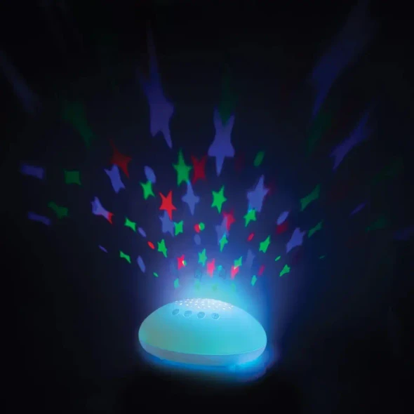 Turn your room into a colourful galaxy with the Soothing Sounds Star Projector! Features 7 calming sounds, colour-changing stars and a 30-minute light timer.