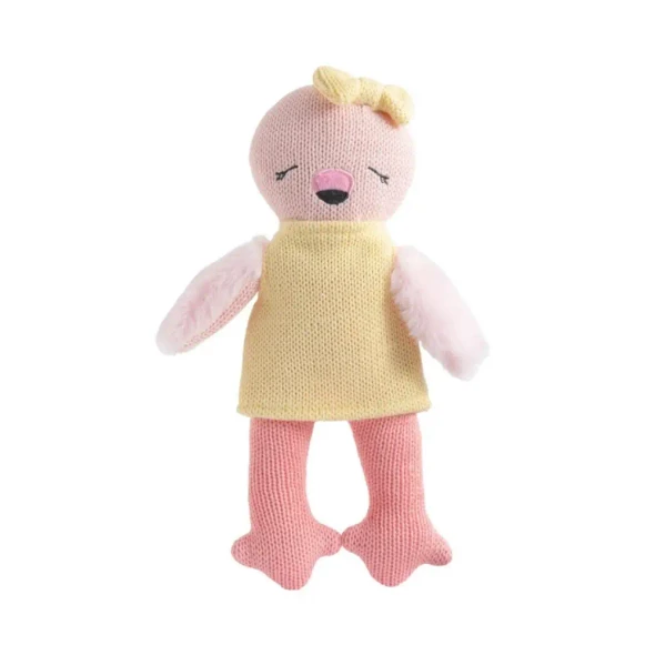 Meet Freya the Flamingo, a soft 100% cotton knitted toy with fluffy plush wings, embroidered details and a sweet yellow outfit. Perfect for cuddles and sensory play.
