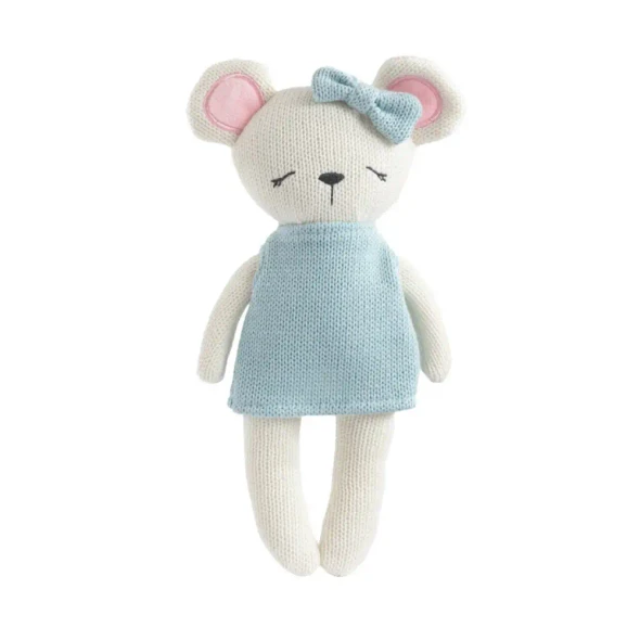 Meet Molly the Mouse, a soft 100% cotton knitted toy with a pale blue dress, matching bow and embroidered details. Perfect for cuddles, comfort and sensory play.