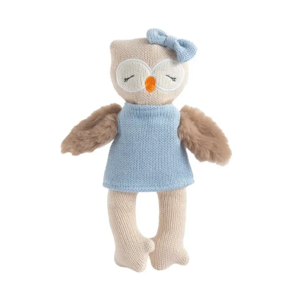 Meet Ollie the Owl, a soft 100% cotton knitted toy with fluffy wings, embroidered features and a cosy blue dress. Perfect for cuddles and sensory play.