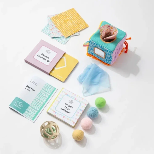 Explore the Playground Box 2 - Learn & Explore Sensory Toy Box for babies 4–6 months, with teether balls, scarves, textured balls, flash cards and animal book.