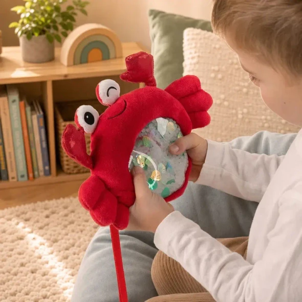 Sensory Seekers I-Spy Bag - Charlie Crab has a bead-filled sensory window and seek-and-find activity card for calming, concentration and screen-free sensory play.