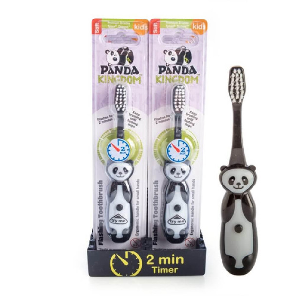 Flashing Panda Kingdom Toothbrush featuring cute Panda design and flashing light – light flashes for the recommended brushing time of 2 minutes.