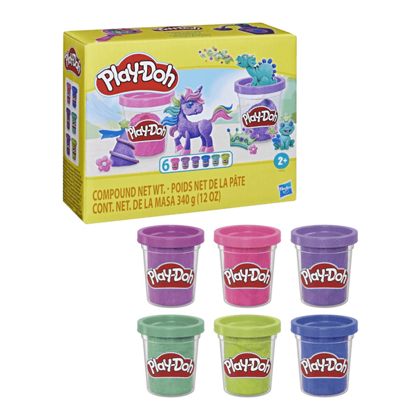 Playdoh Sparkle - Pack of Six includes six colours of shiny, twinkly Sparkle Compound and two cutters to make flowers, gems or other beauties.