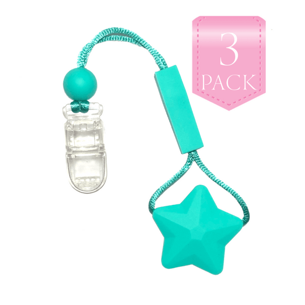 For kids who like to chew on their clothes, fingers, hair or anything else we have the unique, Chewy Charms - Shirt Saver Clip On Star 3 Pack Aqua!