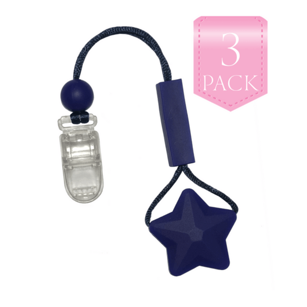 For kids who like to chew on their clothes, fingers, hair….anything really… we have the unique, Chewy Charms - Shirt Saver Clip On Star 3 Pack Navy!