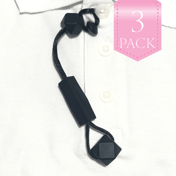 For kids who like to chew on their clothes, fingers, hair….anything really… we have the unique, Chewy Charms - Shirt Saver Button Hole Hex 3 Pack Black!