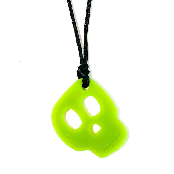Chewigem Skull - Spook Glow In The Dark Chewy Necklace is smooth on one side and sensory nubs on the other for a different chew experience each time!