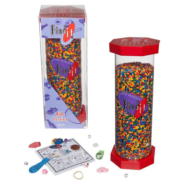 Find It - Kids World Contained Adventure comes filled with brightly coloured plastic pellets in which to search for themed hidden objects.