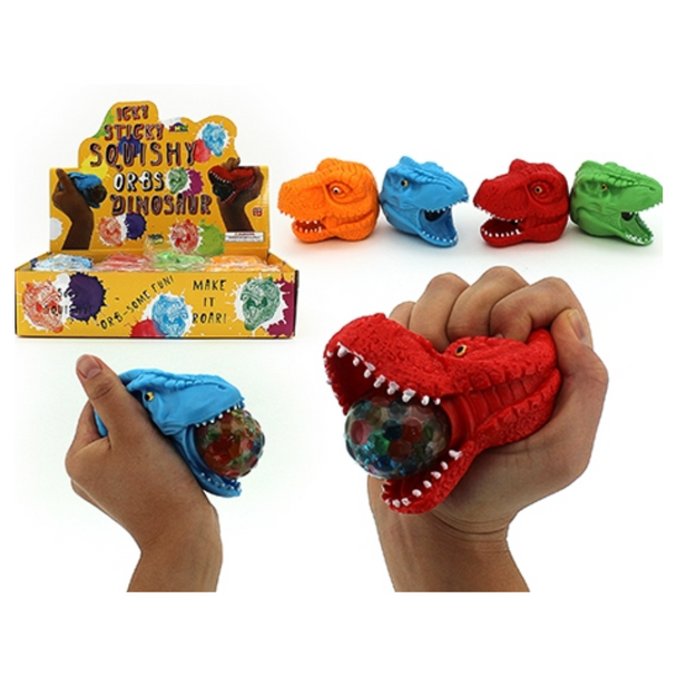 Dinosaur and Orbs lovers unite! Simply squeeze the Dino Water Orb Head faces to expose the colourful explosion of orbs inside their heads.