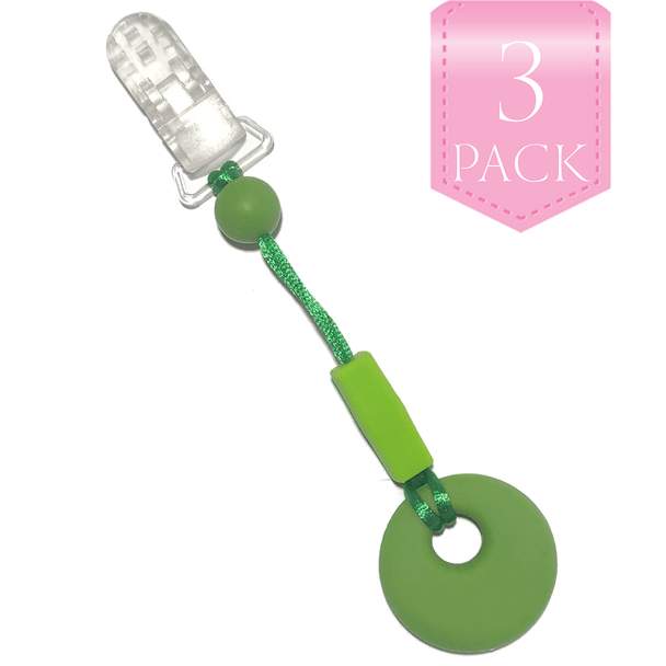 For kids who like to chew on their clothes, fingers, hair….anything really… we have the unique, Chewy Charms - Shirt Saver Clip On Circle 3 Pack Green!