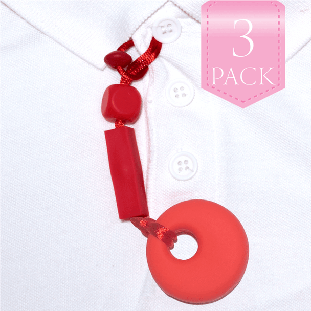 For kids who like to chew on their clothes, fingers, hair….anything really… we have the unique, Chewy Charms - Shirt Saver Button Hole Circle 3 Pack Red!