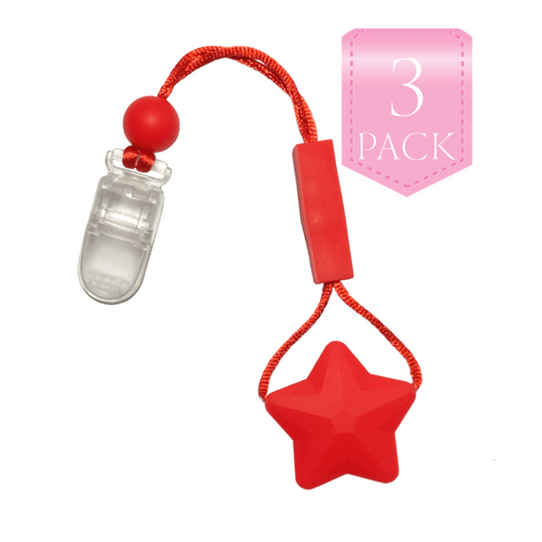 For kids who like to chew on their clothes, fingers, hair….anything really… we have the unique, Chewy Charms - Shirt Saver Clip On Star 3 Pack Red!