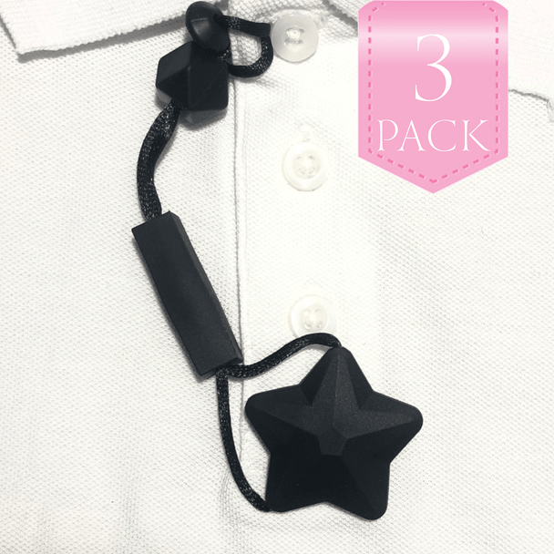 For kids who like to chew on their clothes, fingers, hair….anything really… we have the unique, Chewy Charms - Shirt Saver Button Hole Star 3 Pack Black!