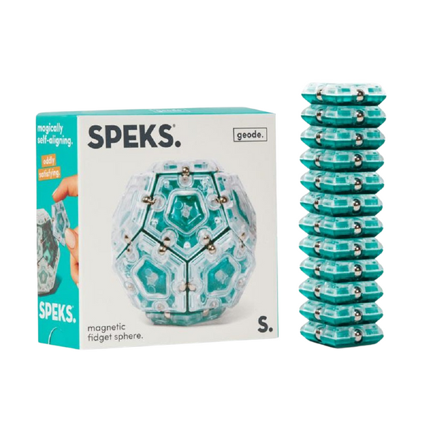 On-the-desk or on-the-go, Speks - Geode is the perfect fidget desk toy. Includes 12 pentagons that align and snap into place perfectly every time.