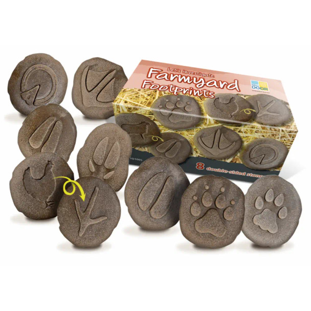 Each double-sided Let's Investigate - Farmyard Footprints stone has the raised footprint of an animal on one side and an image of the animal on the other side.