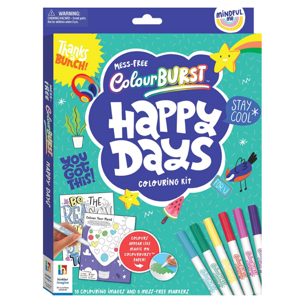 Mindful Me Colour Burst Happy Days Colouring Kit encourages kids to be creative while also immersing themselves in mindfulness and positivity.