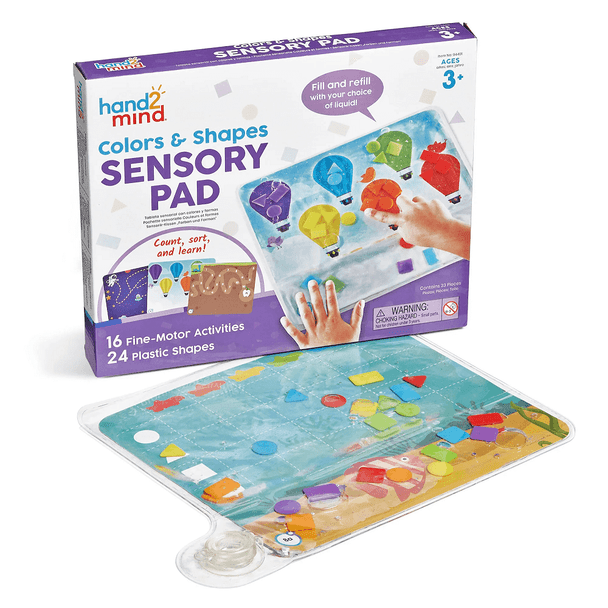 Fill the Colours & Shapes Sensory Pad with liquid then guide the shapes through 1 of the activities shown on the 8 double-sided Activity Cards.