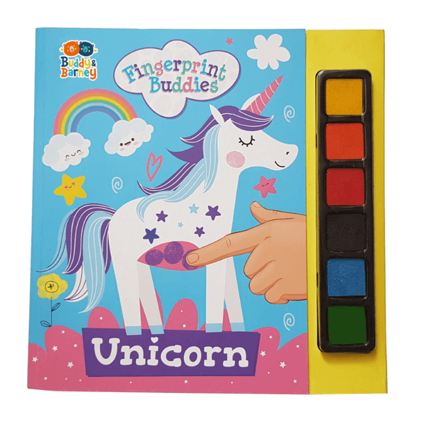 Finger Print Buddies Book - Unicorn is packed full of pages for kids to enjoy colouring in, using their fingerprints and the coloured inkpads.
