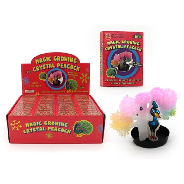 This Magic Growing Crystal Peacock starts off as a peacock with with no feathers. Simply pour on the magic solution and watch it blossom in a rainbow of colours.