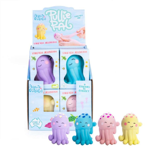 Adorable waving Pullie Pal Stretch Jellyfish with coloured spots! Filled with textured sand that holds whatever shape you mould it into.