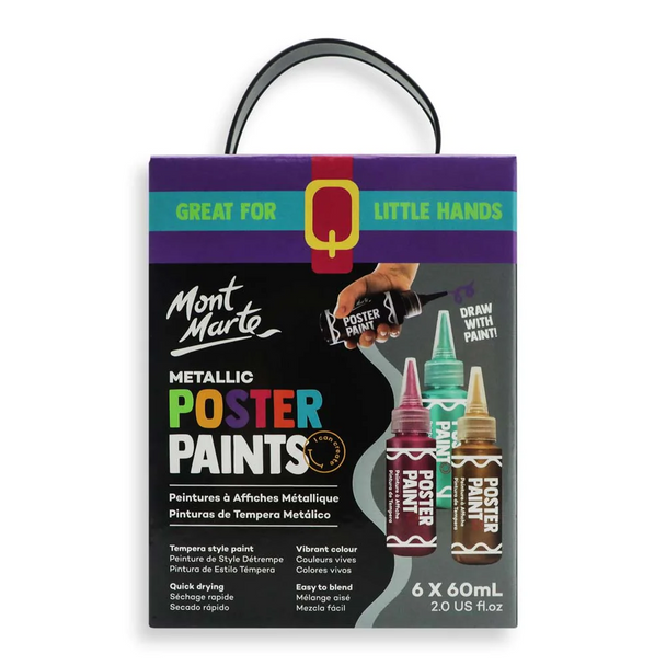 Little artists can set their creativity free with Mont Marte - Metallic Poster Paint Set 6 Pack 60ml suitable for poster board, cardboard or butcher’s paper.