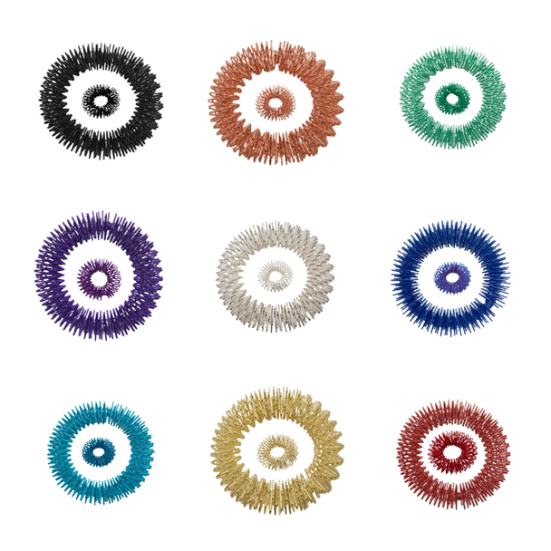 Experience sharp sensory input with the Acupressure Spiky Wristband & Ring Set. Roll them up and down your arm or finger, and squeeze for deeper input.