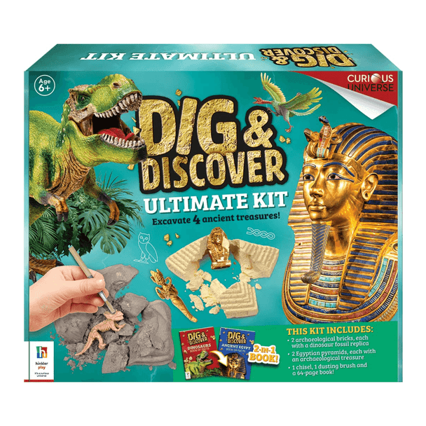 Chip away at each pyramid and brick inside this Dig and Discover Ultimate Kit with the chisel and dusting brush to reveal four hidden treasures!