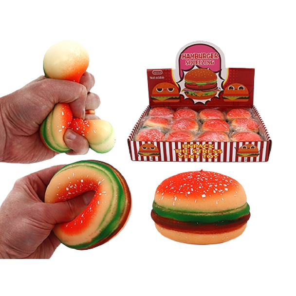 Gear up for a 'tasty' treat that won't leave any mess on your hands! Here's the Squeeze Burger, a fun, colourful toy that looks just like your favourite fast-food treat.