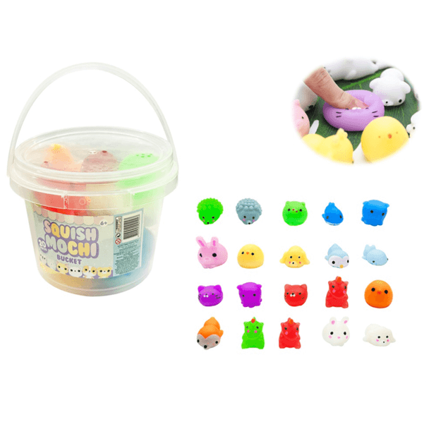 The Squish Mochi Bucket full of fun creatures are delightful squishy toys that come in a variety of forms, each possessing a soft, gummy-like texture.