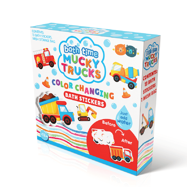 This Colour Changing Bath Book & Stickers - Mucky Trucks turns bath time into a playful cleaning adventure as children help their favourite trucks get clean.