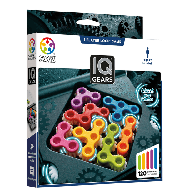 Can you fit all the gears on the IQ Gears game board? When you have the correct solution, the pieces will connect & the wheels on the sides will spin together!