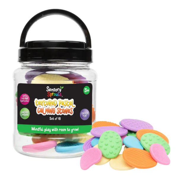 Textured Calming Stones Pastel Set comes in pastel colours with a variety of tactile patterns - smooth, bumpy, ridged, criss-cross and more