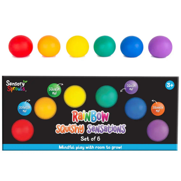 The Rainbow Squishy Sensations Set packs six bright, palm-size squeeze balls that deliver calming tactile input and a cheerful splash of colour