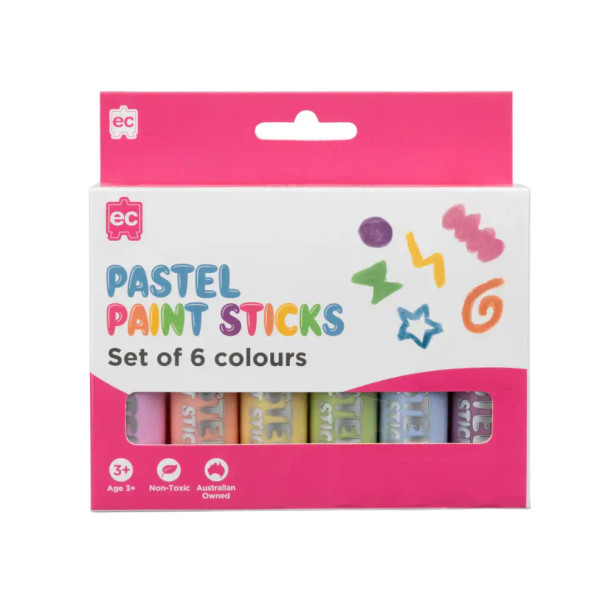 EC Pastel Paint Sticks – Set of 6. Smooth, opaque, mess-free colour in soft pastel shades. Twist-up, fast-drying sticks.