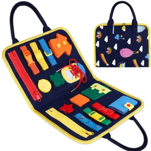 Sensory Practical Ability Busy Book packed with zips, buckles, buttons, snaps and a lacing shoe to build fine-motor skills and real-world independence.