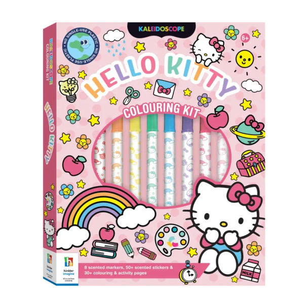 The Kaleidoscope Hello Kitty Colouring Kit is packed with fun activities, colourful markers, and sweet scented stickers.