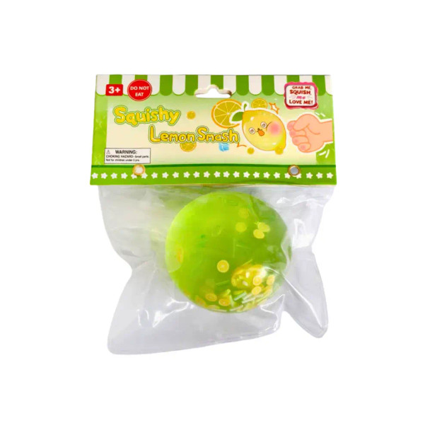 The Squishy Lemon Smash is a soft gel squeeze ball filled with floating sprinkles and mini lemon slice pieces that shift and move with every squeeze.