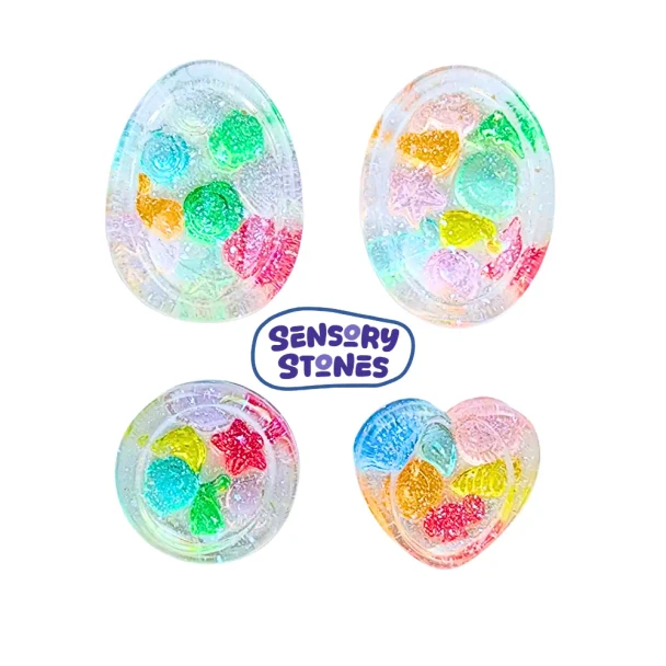 Handmade Sensory Stones - Sparkle Sea Worry Stone by Sensory Oasis for Kids. Smooth resin sensory stones with raised ocean-inspired details for tactile sensory input and pocket-sized calm.