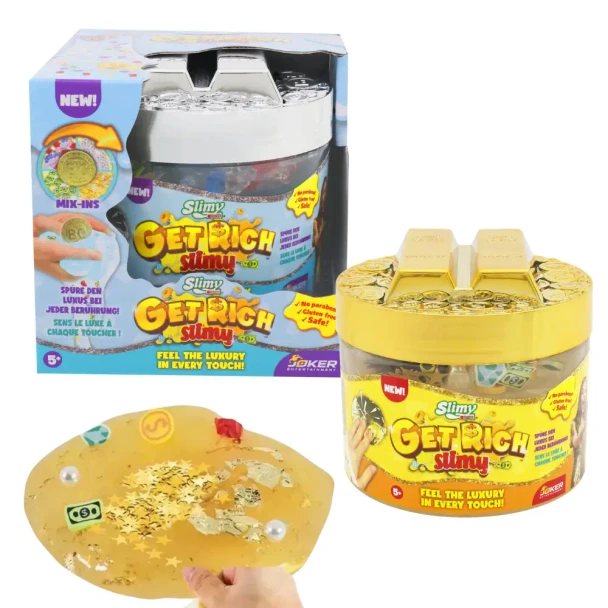 Create luxury-themed slime with Slimy Get Rich Slimy! Includes 200g clear slime, gold foil, gems, dollar bill mix-ins and a collectible gold or silver container.