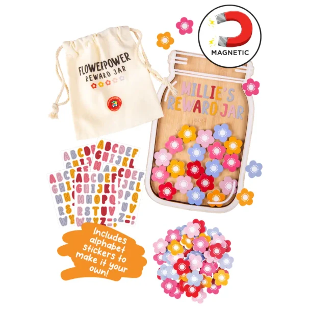 Encourage positive behaviour with the Flower Power Reward Jar. Includes a magnetic wooden reward jar, 50 flower tokens, alphabet stickers and a storage bag for fun, visual motivation.