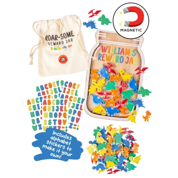 Encourage positive behaviour with the Roar-some Reward Jar. Includes a magnetic wooden reward jar, 50 dinosaur tokens, alphabet stickers and a storage bag for fun, visual motivation.