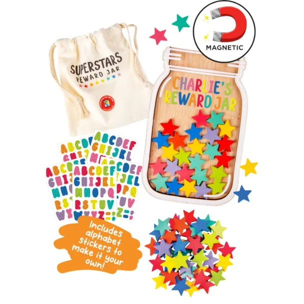 Encourage positive behaviour with the Superstars Reward Jar. Includes a magnetic wooden reward jar, 50 colourful star tokens, alphabet stickers and a storage bag for fun, visual motivation.